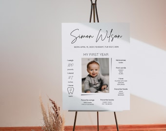 EDITABLE First Birthday Milestone Sign, Modern 1st Birthday Milestone Poster, Minimalist One Year Photo Baby Milestone Board, Canva Template
