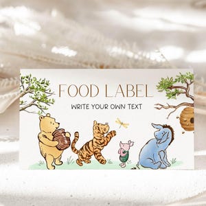 Cartão de lugar do Ursinho Pooh, etiqueta de comida clássica do Ursinho Pooh, cartão de barraca de buffet de aniversário do Ursinho Pooh, etiqueta de comida, cartão de nome de mesa, gênero neutro EDITÁVEL