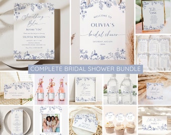 Something Blue Bridal Shower Bundle, Blue Floral Bridal Shower Invitation & Games, Vintage Chinoiserie Wedding Shower Decor, Editable Canva