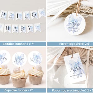 May include: Blue and white baby shower party decorations with a watercolour bow theme. Includes a banner that says "Hello Baby", cupcake toppers with the text "Oh baby", "Olivia's Baby Shower", and "Baby Wilson", a round favour tag that says "Thank You for coming to my party", and a rectangular favour tag that says "Thank You for coming to my party".