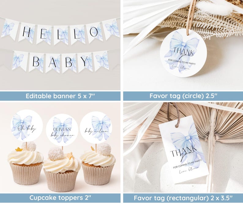 May include: Blue and white baby shower party decorations with a watercolour bow theme. Includes a banner that says "Hello Baby", cupcake toppers with the text "Oh baby", "Olivia's Baby Shower", and "Baby Wilson", a round favour tag that says "Thank You for coming to my party", and a rectangular favour tag that says "Thank You for coming to my party".