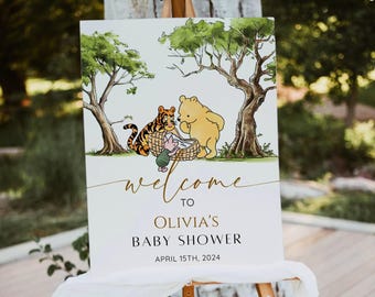 Klassiek Winnie de Poeh-welkomstbord, vintage babyshower Pooh Bear, bord verjaardagsfeestje, genderneutraal, bewerkbare sjabloon direct downloaden