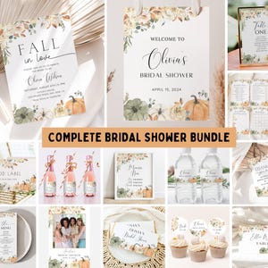 Fall in Love Bridal Shower Invitation Bundle, Autumn Floral Pumpkin Bridal Shower Template, Fall Pumpkin Decor Game Bundle, Welcome EDITABLE