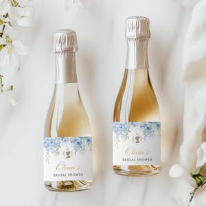Bridgerton mini champagnelabel, blauwe hortensia bruids douche gunst, bewerkbare bruiloft fles tag, canvas sjabloon, afdrukbare Instant Download