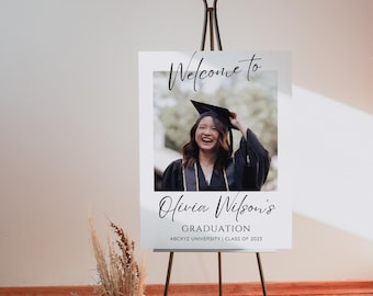 Modèle de plaque de bienvenue pour la fête de remise des diplômes, affiche de bienvenue photo pour l'obtention du diplôme, bienvenue de remise des diplômes minimaliste moderne, modifiable, téléchargement immédiat