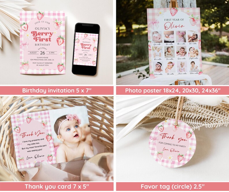 Pink Gingham Berry First Birthday Invitation Bundle, Strawberry 1st ...