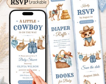 Little Cowboy Baby Shower Website Invitation, Online RSVP Digital Invite, Rustic Western Rodeo Country Baby Shower, Editable Canva Template