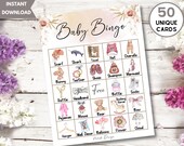 Printable Baby Bingo Game, Neutral Boho Aesthetic, 50 Unique Bingo Cards w/ Cute Watercolor Images, Baby Shower Bingo Card, Instant Download