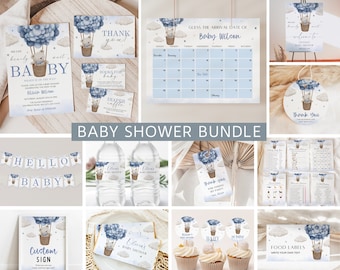Bear Baby Shower Invitation Bundle, Air Balloon Baby Shower Invite Set, We Can Bearly Wait, Blue Boy Boho Bear Baby Shower, Instant Download