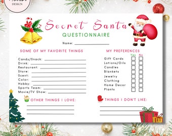 May include: A printable Secret Santa questionnaire with a festive Christmas theme. The questionnaire asks for some of your favorite things, including candy, drinks, restaurants, stores, scents, colors, hobbies, sports teams, and movies or TV shows. It also asks for your preferences for gifts, including gift cards, lotions and oils, candles, blankets, jewelry, clothing, home decor, and plants. You can also indicate what you don't like.