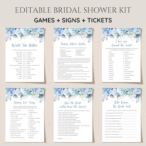 May include: Printable bridal shower game cards featuring blue watercolour floral designs. The games include "Would She Rather", "Famous Movie Quotes", "I Love You Around the World", "Disney Love Songs", "Does the Bride Really Know the Groom?" and "Who Knows the Bride Best?"