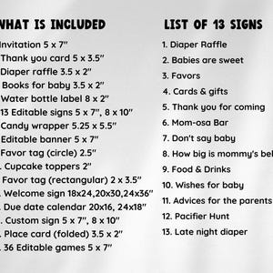 May include: A printable list of 13 signs for a baby shower, including a diaper raffle, favors, and a mom-osa bar. The signs are all black text on a white background.