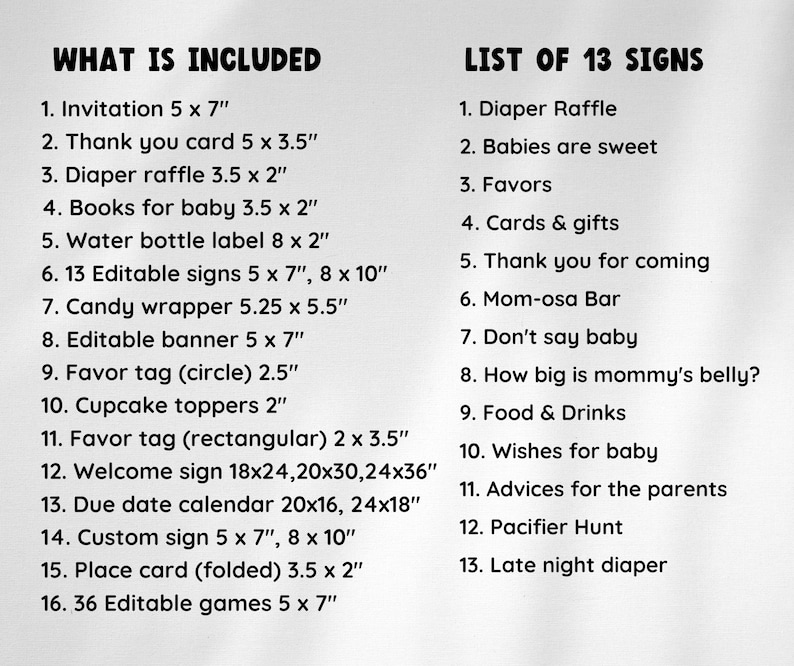 May include: A printable list of 13 signs for a baby shower, including a diaper raffle, favors, and a mom-osa bar. The signs are all black text on a white background.