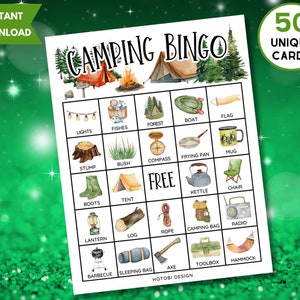 Printable Camping Bingo Game, 50 Unique Bingo Cards w/Labels, Camping Activity for Kids, Teen & Adults, Campfire Party Game Instant Download