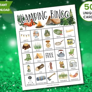 Jeu de bingo de camping imprimable, 50 cartes de bingo uniques avec étiquettes, activité de camping pour enfants, adolescents et adultes, jeu de fête autour d'un feu de camp, téléchargement immédiat