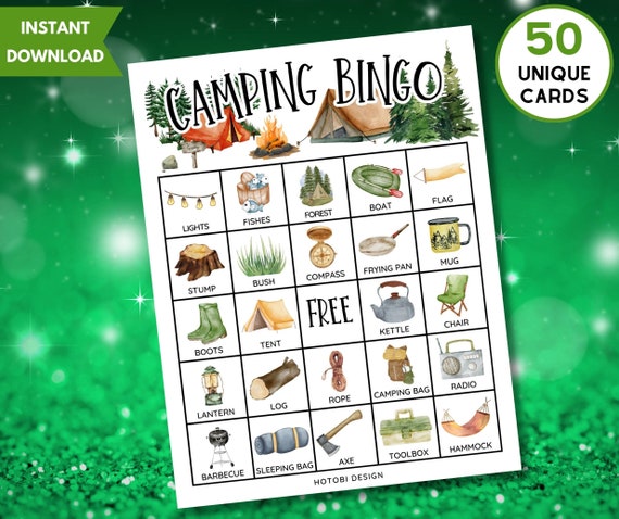 Printable Camping Bingo Game, 50 Unique Bingo Cards w/Labels, Camping Activity for Kids, Teen & Adults, Campfire Party Game Instant Download