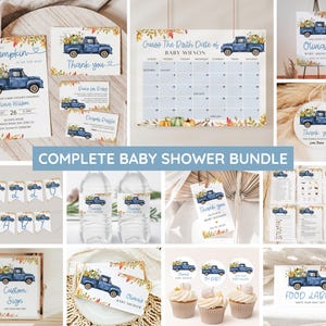 Little Pumpkin Baby Shower Bundle Boy, Blue Truck Fall Baby Shower Invitation & Games, Autumn Baby Sprinkle Decor, Editable Canva Template