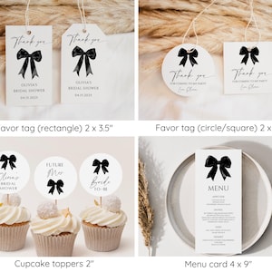 May include: Black and white bridal shower party decorations. The set includes favour tags, cupcake toppers, and a menu card. The favour tags are available in rectangle and circle shapes. The cupcake toppers feature a black bow with the text "Olivia's Bridal Shower", "Future Mrs", and "Bride to Be". The menu card has a black bow and the word "MENU" printed on it.