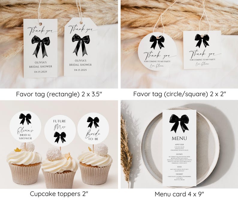 May include: Black and white bridal shower party decorations. The set includes favour tags, cupcake toppers, and a menu card. The favour tags are available in rectangle and circle shapes. The cupcake toppers feature a black bow with the text "Olivia's Bridal Shower", "Future Mrs", and "Bride to Be". The menu card has a black bow and the word "MENU" printed on it.