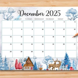 EDITABLE December 2025 Calendar, Beautiful Winter in a Highland Planner, Printable Monthly Calendar for Kid School Home Work Office, Digital