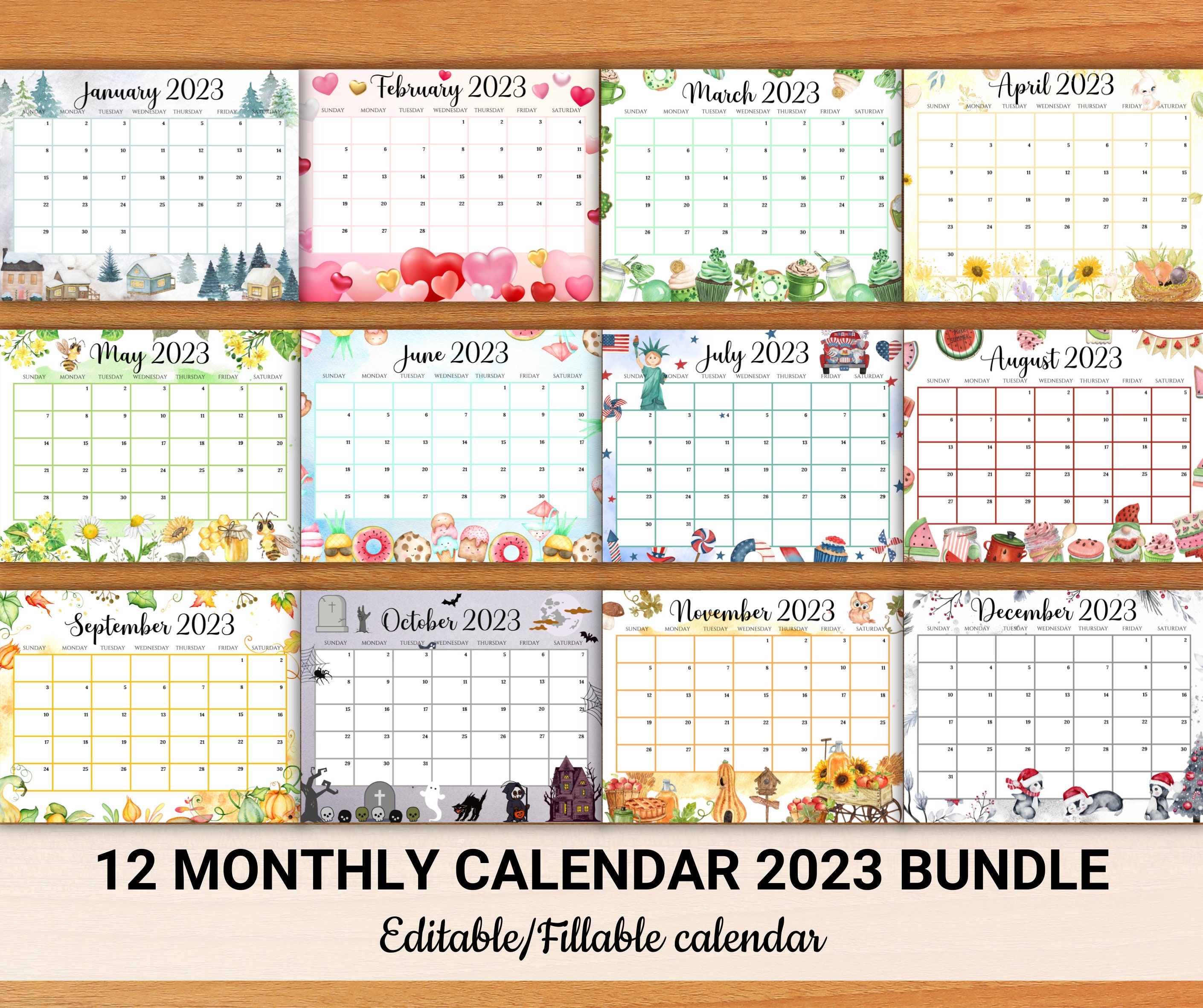 EDITABLE Monthly Calendar 2023 Bundle Cute Printable Fillable | Etsy UK