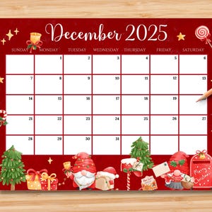 EDITABLE December 2025 Calendar, Cheerful Christmas with Mail Gnomes, Printable Monthly Calendar for Kids School Work Home Office, Digital