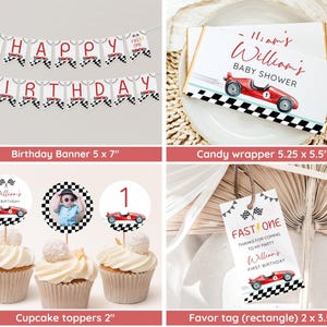 Puede incluir: Un conjunto de decoraciones para fiestas con tem&aacute;tica de coches de carreras. Incluye una pancarta, envoltorios de caramelos, adornos para cupcakes y etiquetas de recuerdo. Las decoraciones presentan un coche de carreras rojo, banderas a cuadros y el texto "Happy Birthday" y "Fast One".