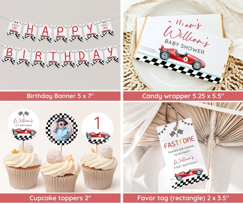 Puede incluir: Un conjunto de decoraciones para fiestas con tem&aacute;tica de coches de carreras. Incluye una pancarta, envoltorios de caramelos, adornos para cupcakes y etiquetas de recuerdo. Las decoraciones presentan un coche de carreras rojo, banderas a cuadros y el texto "Happy Birthday" y "Fast One".