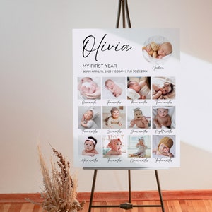 Minimalistische postersjabloon voor het eerste jaar van de baby, bord eerste verjaardagsfoto, moderne fotocollage 1e verjaardag, bewerkbaar jaar in foto's bord