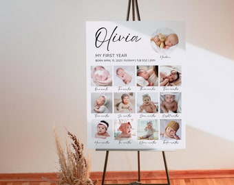 May include: A white poster board with the name Olivia written in cursive at the top. The poster board is divided into a grid of 12 squares, each containing a photo of a baby at different ages. The text below each photo indicates the baby's age in months. The poster board also includes the baby's birth date, time, weight, and length.
