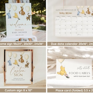 May include: Printable Winnie the Pooh baby shower signs in various sizes. The signs feature Winnie the Pooh and his friends, including Piglet, Tigger, and Eeyore. The signs are perfect for a baby shower or other Winnie the Pooh themed event.