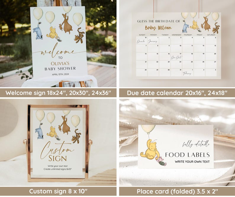 May include: Printable Winnie the Pooh baby shower signs in various sizes. The signs feature Winnie the Pooh and his friends, including Piglet, Tigger, and Eeyore. The signs are perfect for a baby shower or other Winnie the Pooh themed event.