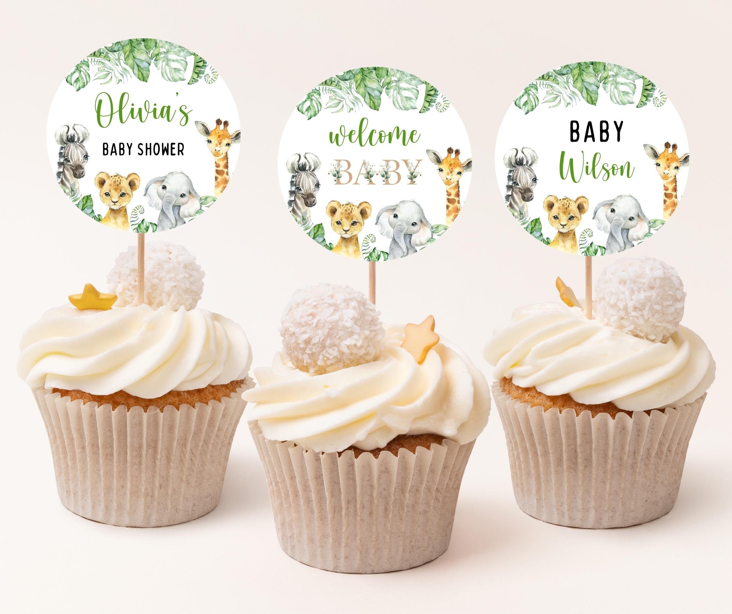 EDITABLE Safari Animal Baby Shower Cupcake Topper, Printable Circle Baby Shower Dessert Toppers, Printable Neutral Baby Shower Decoration