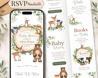 Editable Woodland Baby Shower Website Invitation, Online RSVP Digital Invite, Adventure Awaits, Woodland Animals Baby Shower, Canva Template