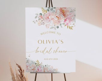 Plaque de bienvenue florale pour shower de mariage, modèle de plaque de bienvenue pour shower de mariage floral rose blush, affiche de bienvenue, plaque d'entrée, modifiable imprimable