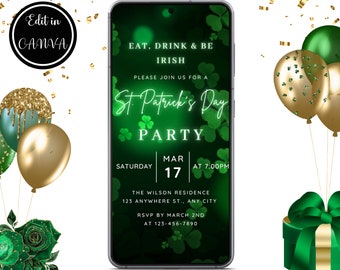 Editable Digital St Patrick's Day Invitation, Eat Drink & Be Irish, St Patrick's Day Party Dinner Text Invite Edit in Canva Instant Download