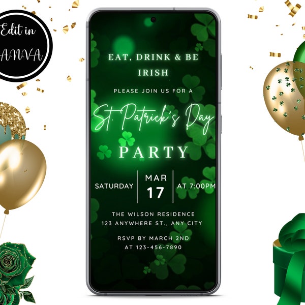 Editable Digital St Patrick's Day Invitation, Eat Drink & Be Irish, St Patrick's Day Party Dinner Text Invite Edit in Canva Instant Download