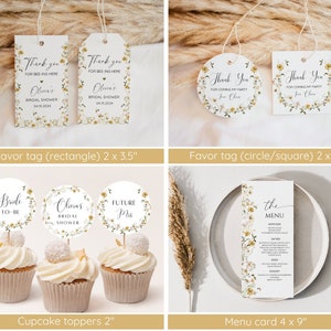 Puede incluir: Un conjunto de decoraciones imprimibles para una fiesta de despedida de soltera con un dise&ntilde;o floral con flores amarillas y blancas. El conjunto incluye etiquetas de regalo, adornos para cupcakes y una tarjeta de men&uacute;. Las etiquetas de regalo est&aacute;n disponibles en forma rectangular y circular. Los adornos para cupcakes presentan el texto "Bride to Be", "Olivia's Bridal Shower" y "Future Mrs". La tarjeta de men&uacute; presenta el texto "The Menu" y un borde floral.