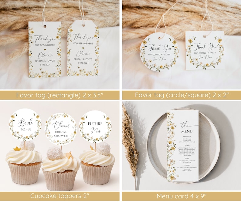 Puede incluir: Un conjunto de decoraciones imprimibles para una fiesta de despedida de soltera con un dise&ntilde;o floral con flores amarillas y blancas. El conjunto incluye etiquetas de regalo, adornos para cupcakes y una tarjeta de men&uacute;. Las etiquetas de regalo est&aacute;n disponibles en forma rectangular y circular. Los adornos para cupcakes presentan el texto "Bride to Be", "Olivia's Bridal Shower" y "Future Mrs". La tarjeta de men&uacute; presenta el texto "The Menu" y un borde floral.