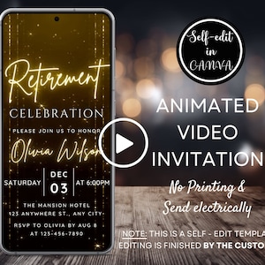 Video Retirement Party Invitation, Black and Gold Invite, Electronic Retirement Celebration Evite, Digital Phone Invitation, Canva Template