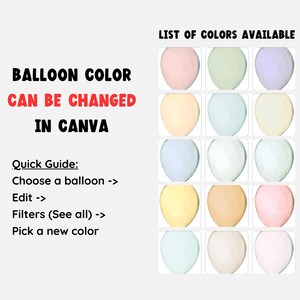 May include: A graphic showing a list of 12 balloon colors available for customization in Canva. The colors include light pink, light green, light purple, light yellow, light blue, white, and various shades of pastel.