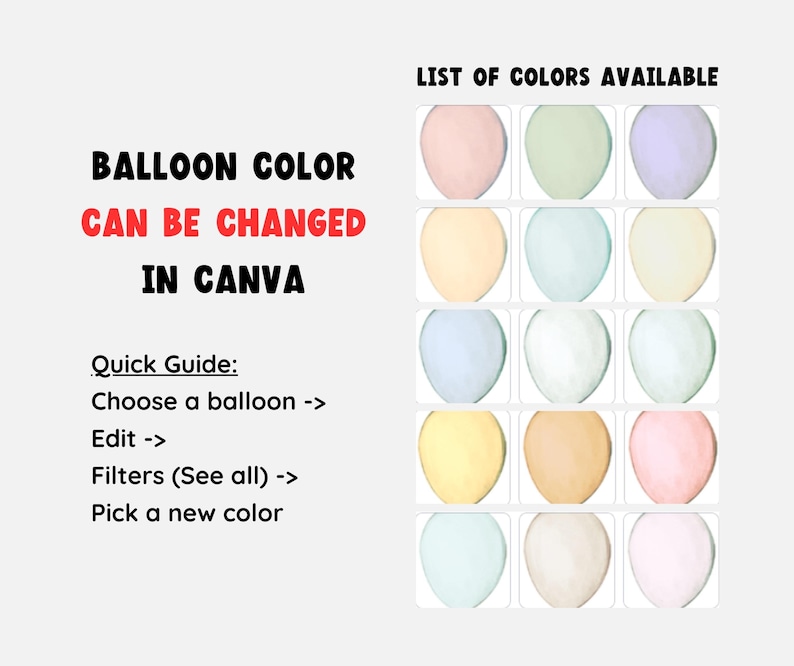May include: A graphic showing a list of 12 balloon colors available for customization in Canva. The colors include light pink, light green, light purple, light yellow, light blue, white, and various shades of pastel.