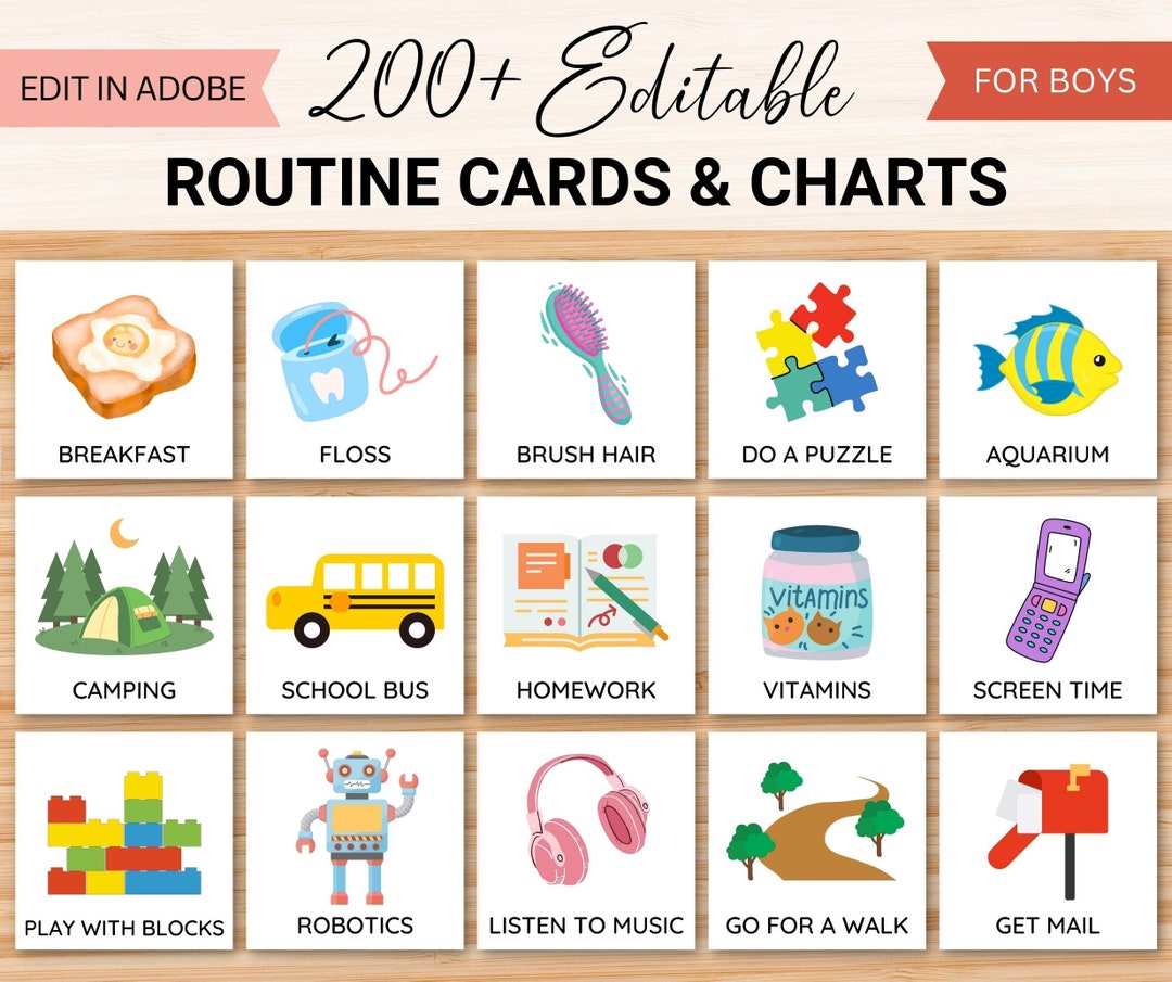Editable Daily Routine Cards & Charts (boy), Toddler Routine Chart ...