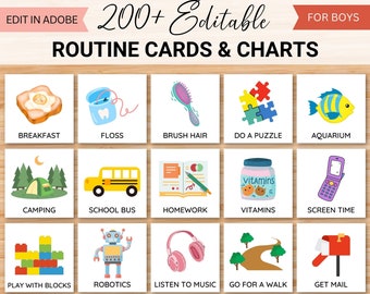 Editable Daily Routine Cards & Charts (Boy), Toddler Routine Chart, Kids Visual Schedule, Chore Chart Checklist, Daily Rhythm, Printable PDF