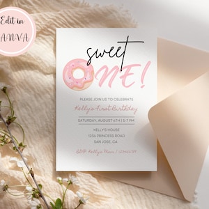 Editable Cute Donut First Birthday Party Invitation, 1st Birthday Invite, Sweet One Birthday Invitation Template, Editable Template Canva