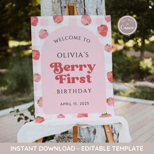 Różowy Gingham Berry Pierwsze Urodziny Powitalny Znak, Truskawkowy Pierwsze Urodziny Powitalny Znak, Pierwsze Urodziny Powitalny Plakat, Edytowalny Do Wydrukowania