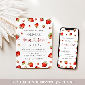 Berry First Birthday Invitation Modern Strawberry Invitation Strawberry Birthday Editable Digital Template Instant Download Girl Birthday