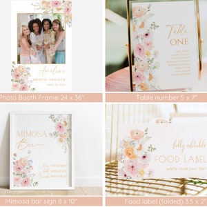 Op de afbeelding: Een set afdrukbare bruidsdouche-borden met een bloemenontwerp met perzik-, roze- en gele bloemen. De borden omvatten een fotohok-frame, een tafelnummerbord, een mimosa-barbord en een voedseletiket. De borden zijn volledig bewerkbaar en kunnen worden aangepast met uw eigen tekst.