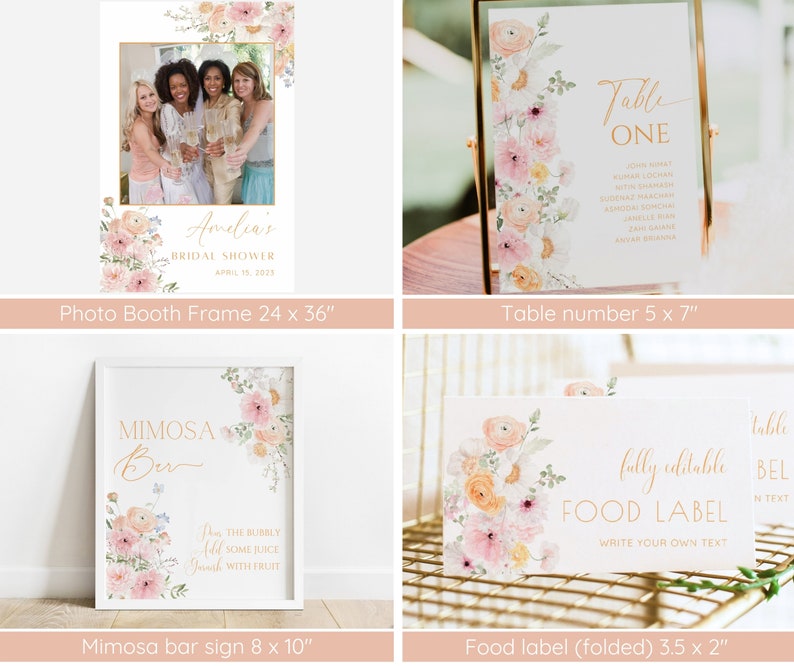 Op de afbeelding: Een set afdrukbare bruidsdouche-borden met een bloemenontwerp met perzik-, roze- en gele bloemen. De borden omvatten een fotohok-frame, een tafelnummerbord, een mimosa-barbord en een voedseletiket. De borden zijn volledig bewerkbaar en kunnen worden aangepast met uw eigen tekst.