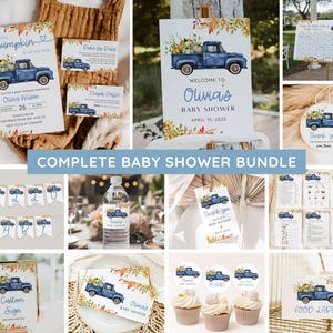 Little Pumpkin Baby Shower Bundle Boy, Blue Truck Fall Baby Shower Invitation & Games, Autumn Baby Sprinkle Decor, Editable Canva Template